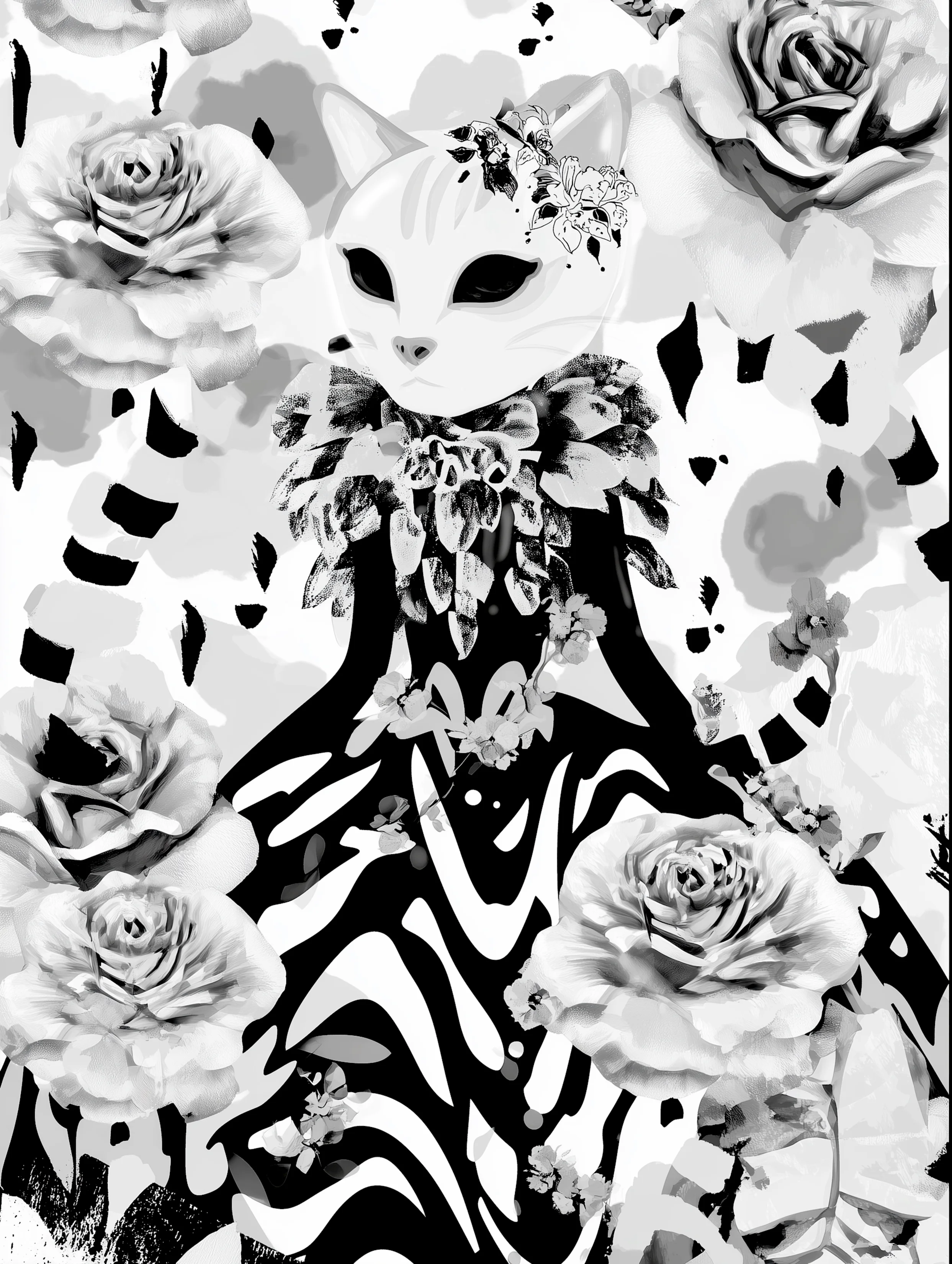 Free printable kitten coloring page featuring black dress with roses around